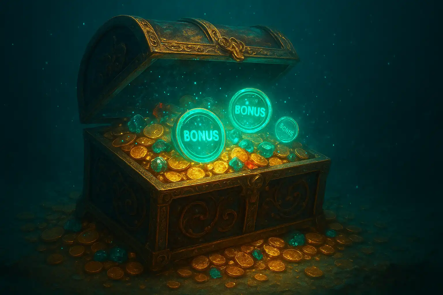 Treasure chest overflowing with gold coins and bonus tokens glowing beneath the sea