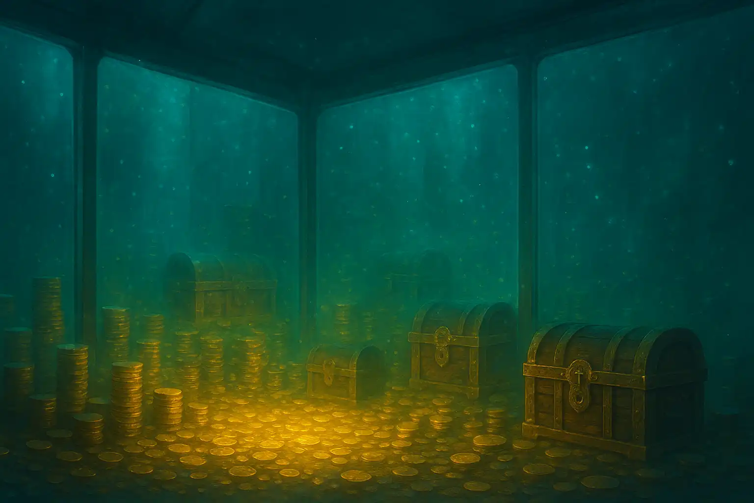 Underwater treasury vault glowing with gold and teal light, representing the Mythoswin Casino review