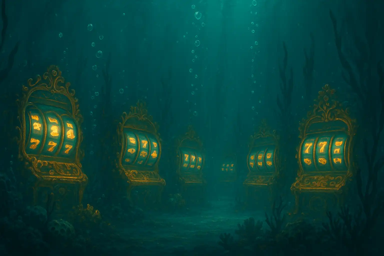Glowing slot reels surrounded by gold coins and bubbles in an underwater casino lobby